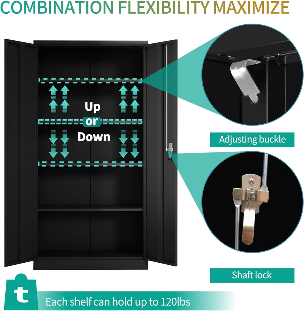 Black Steel Storage Cabinet with 2 Doors and 4 Adjustable Shelves M2173