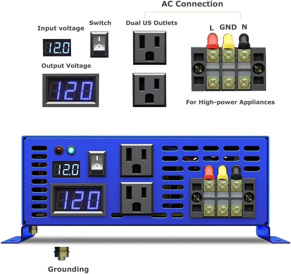 3500W Pure Sine Wave Power Inverter DC 12V to AC 110V with LCD Display T743