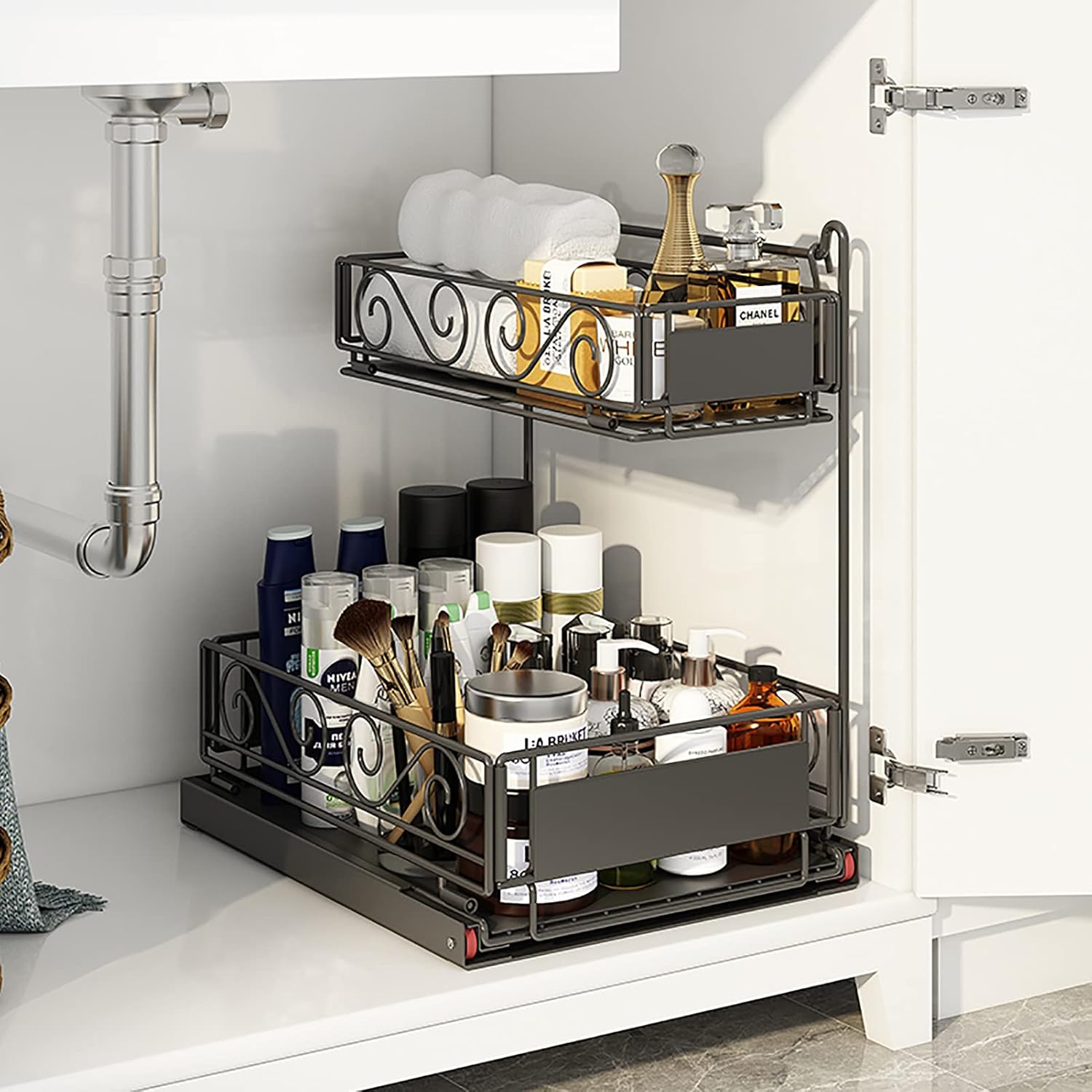 Black 2-Tier Under Sink Organizer with Sliding Drawer M61626