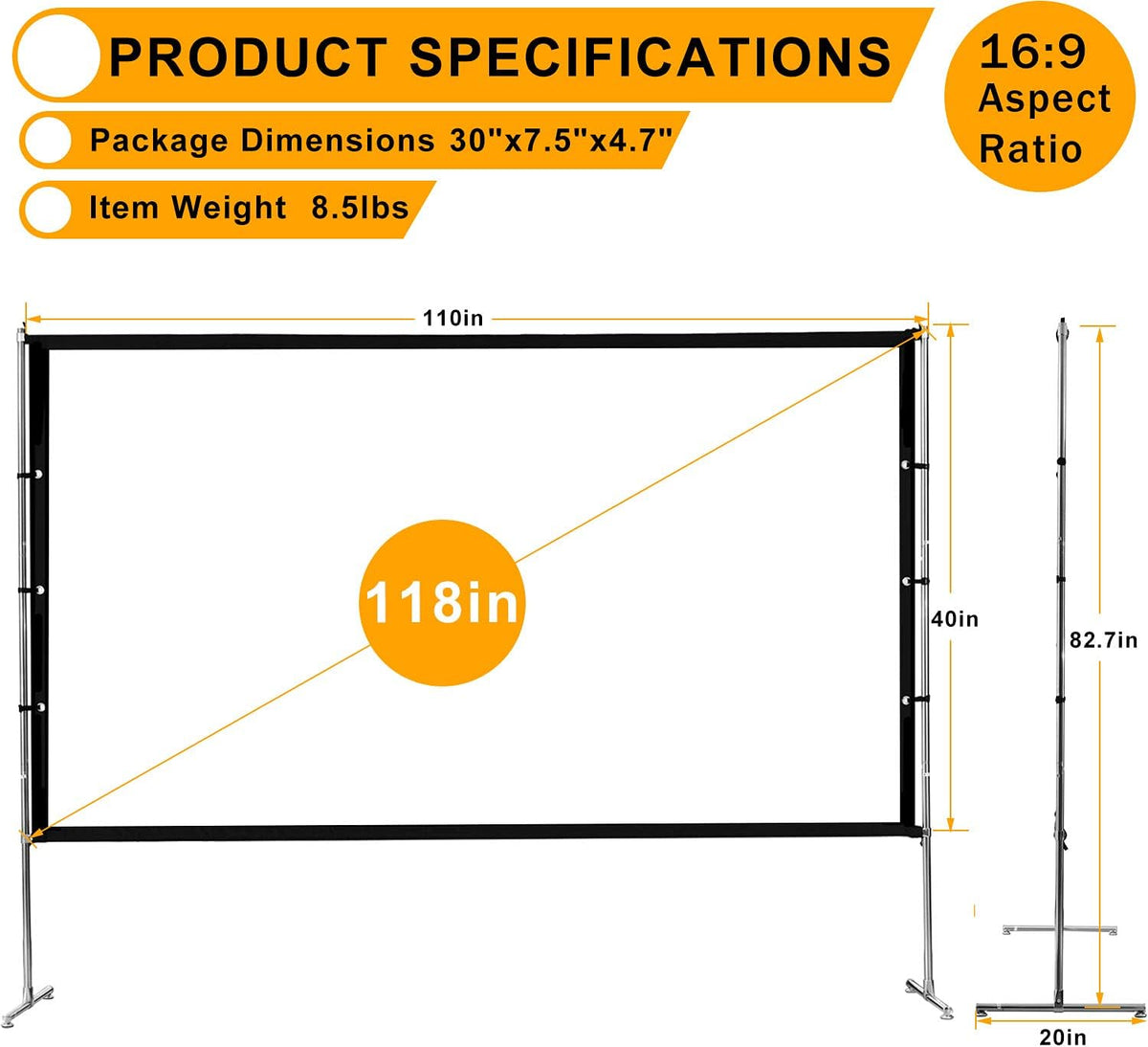 115 inch Portable Projection Screen with Stand, 16:9 4K HD, with Carry Bag K650492