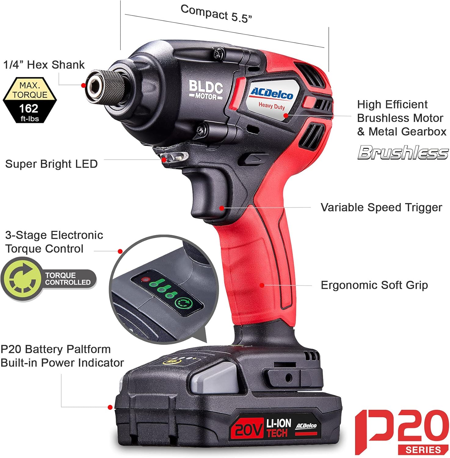 20V Cordless Li-ion 1/4” Brushless Impact Driver Tool Kit P12406