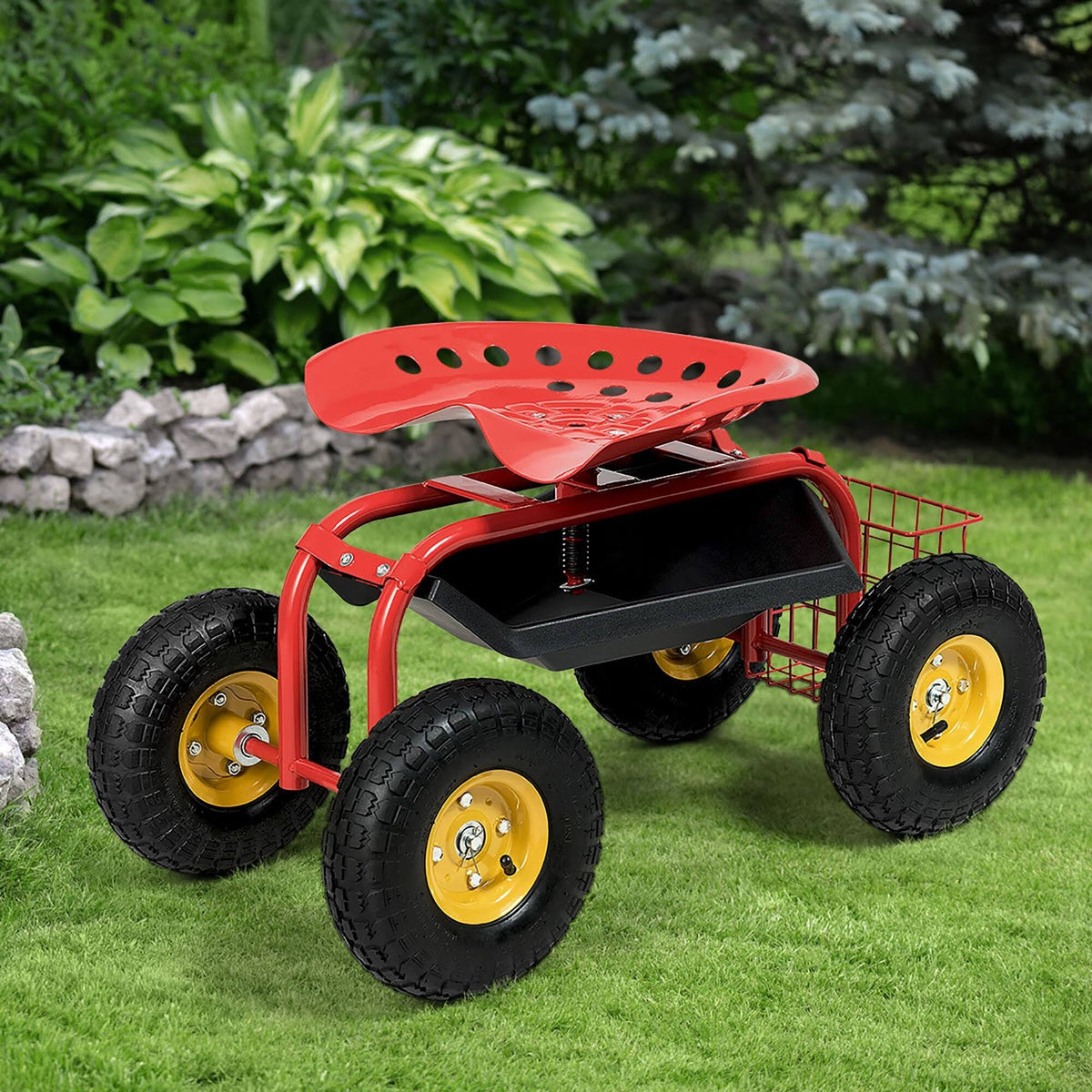 Green Garden Cart with Rolling Seat and Tool Tray A5155
