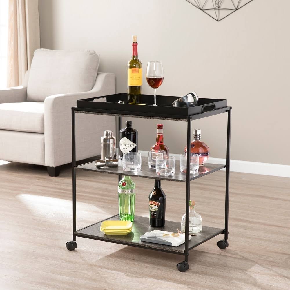 Black Iron Mobile Serving Bar Cart with Shelves B8106