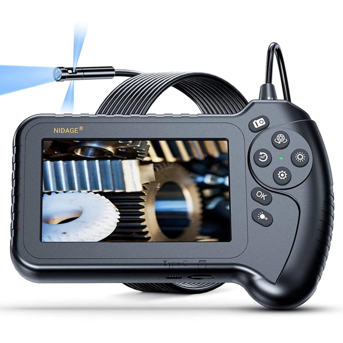 5'' IPS Screen 1080P Industrial Snake Camera with 11.5FT Waterproof Flexible Cable 8 LEDs 32GB Card U23183