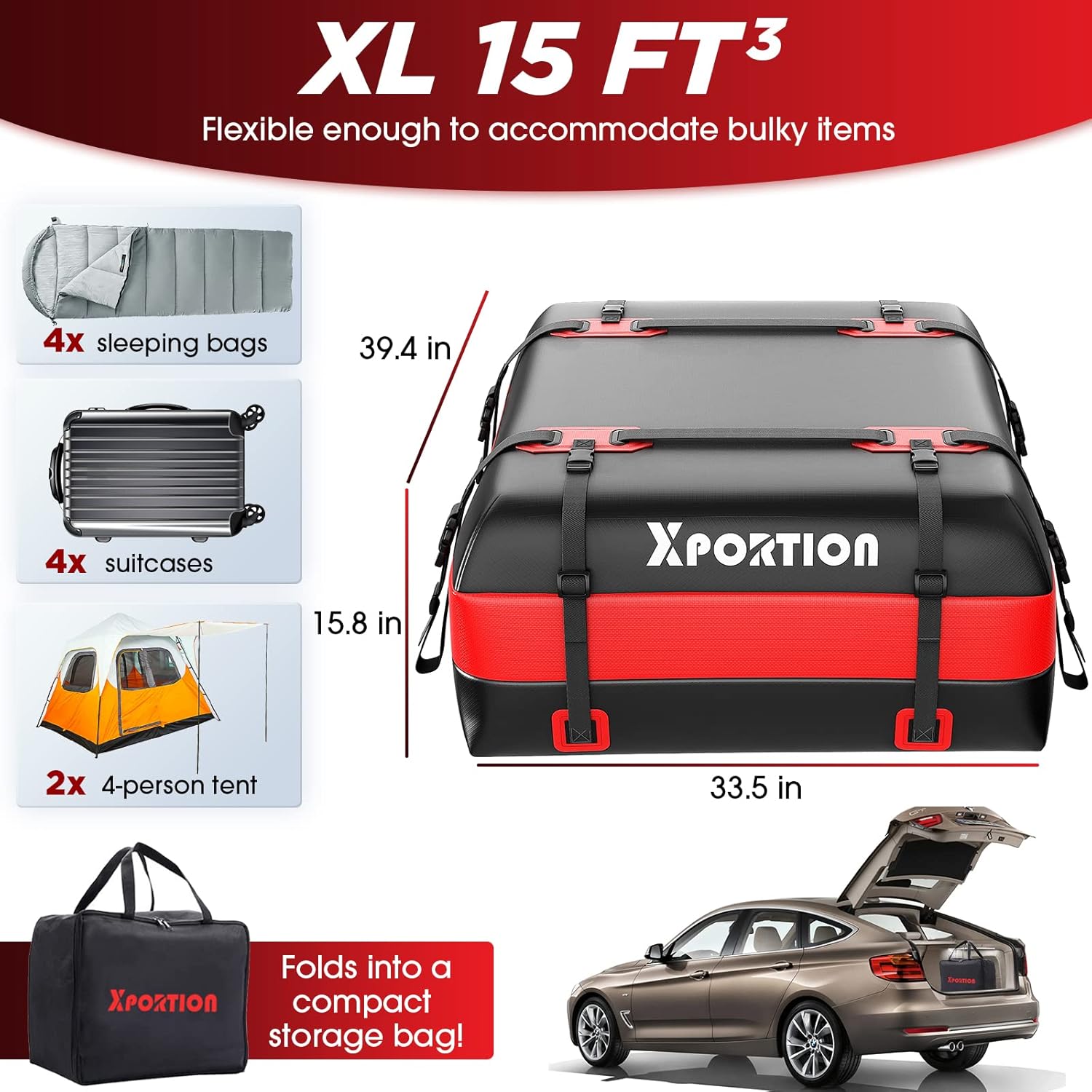 Waterproof Rooftop Cargo Carrier Bag, 15 Cubic Feet, with Non-Slip Mats and Straps H9274