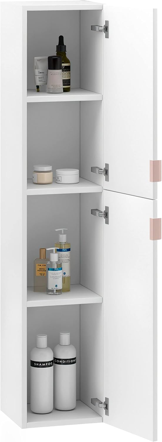 White Oak Wood Finish Column Cabinet with Gold Handles N59293