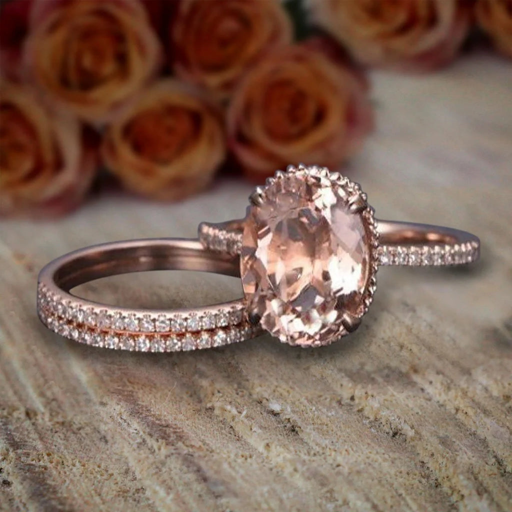 Oval Cut Morganite and Diamond Moissanite Trio Ring Set with 18k Gold Plating B884592