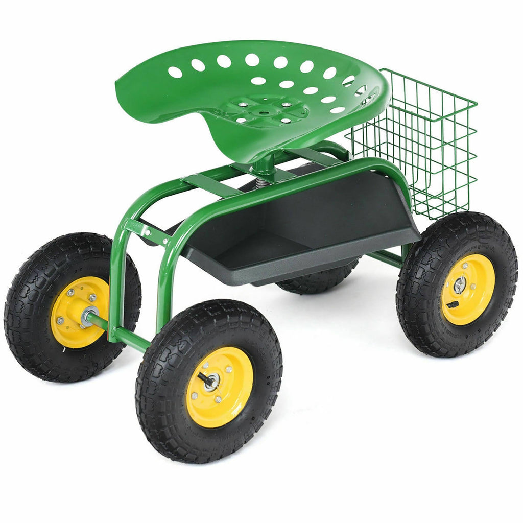 Green Garden Cart with Rolling Seat and Tool Tray A5155