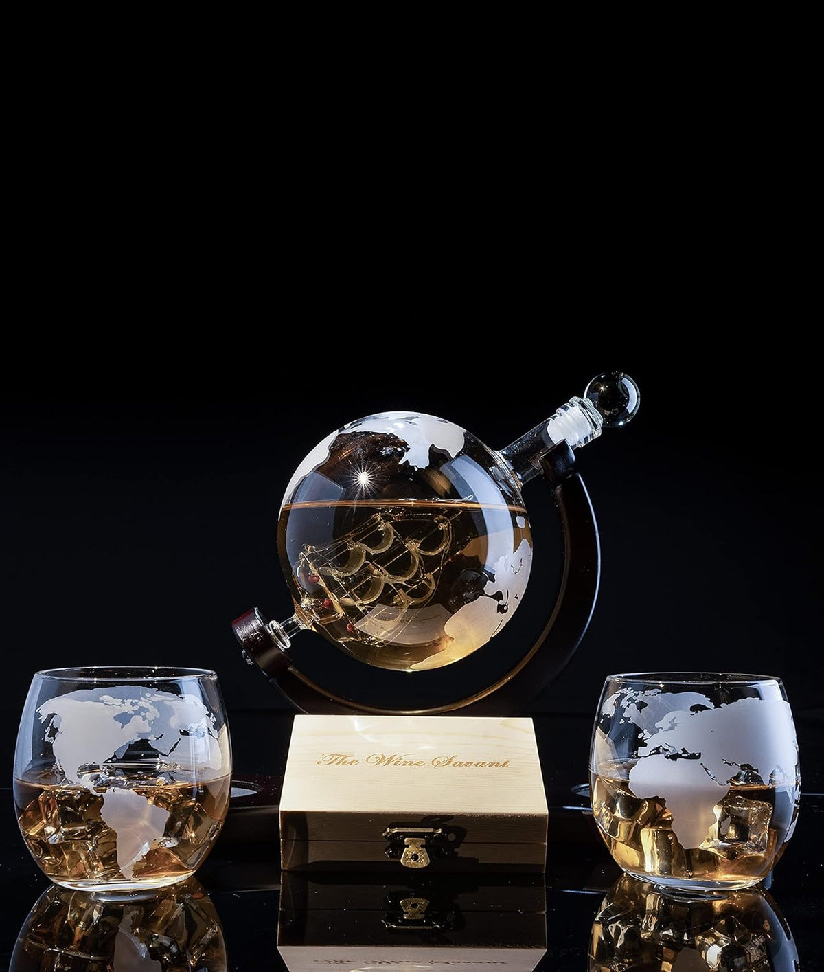 Globe Whiskey Decanter Set with 2 Etched Whisky Glasses and Whiskey Stones 850ml L2006