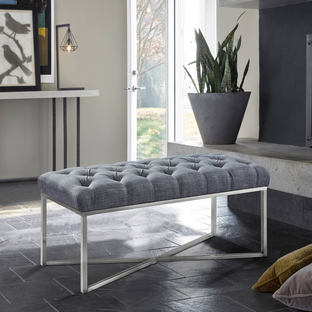 Slate Grey Linen Bench with Brushed Stainless Steel J812