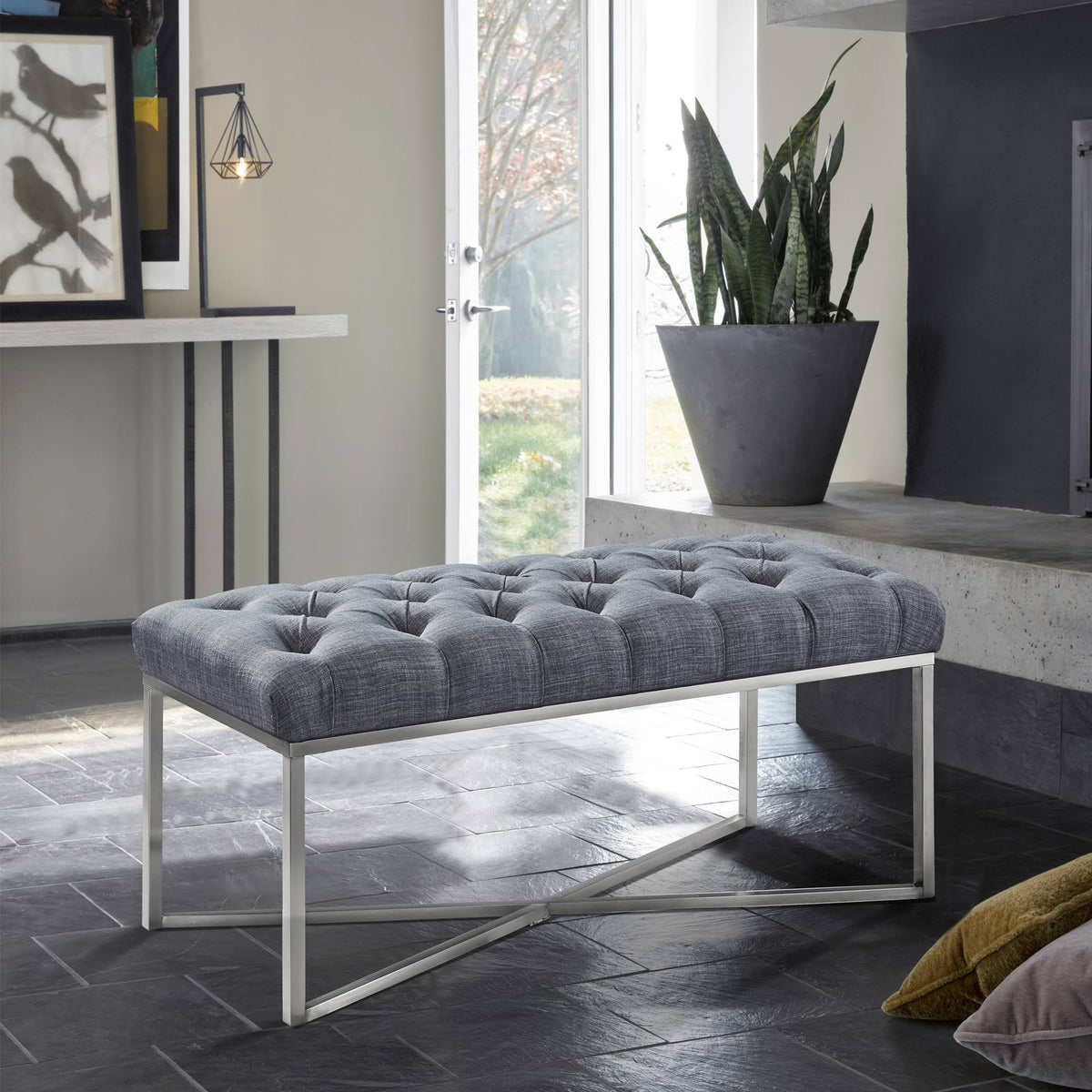 Slate Grey Linen Bench with Brushed Stainless Steel J812