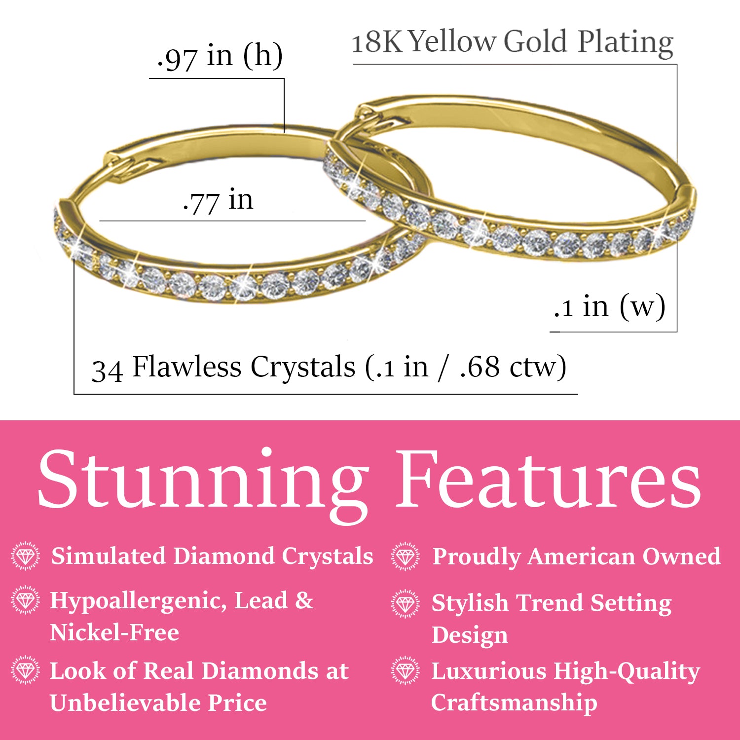 18k Yellow Gold Plated Crystal Hoop Earrings E44874