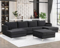 Black Velvet U-Shape Sectional Sofa with Ottoman P41436