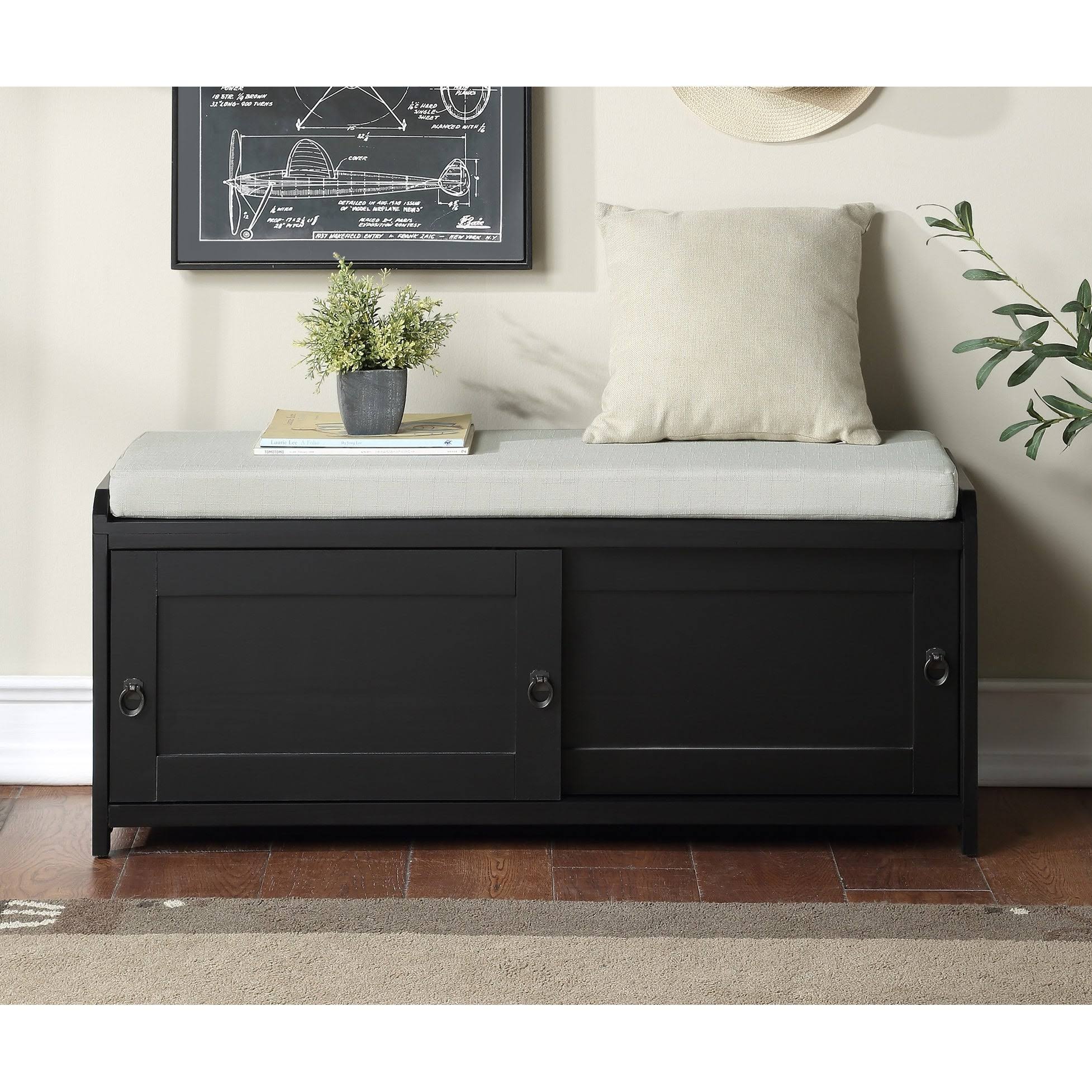 Black Wood Storage Bench with 2 Cabinets F4010