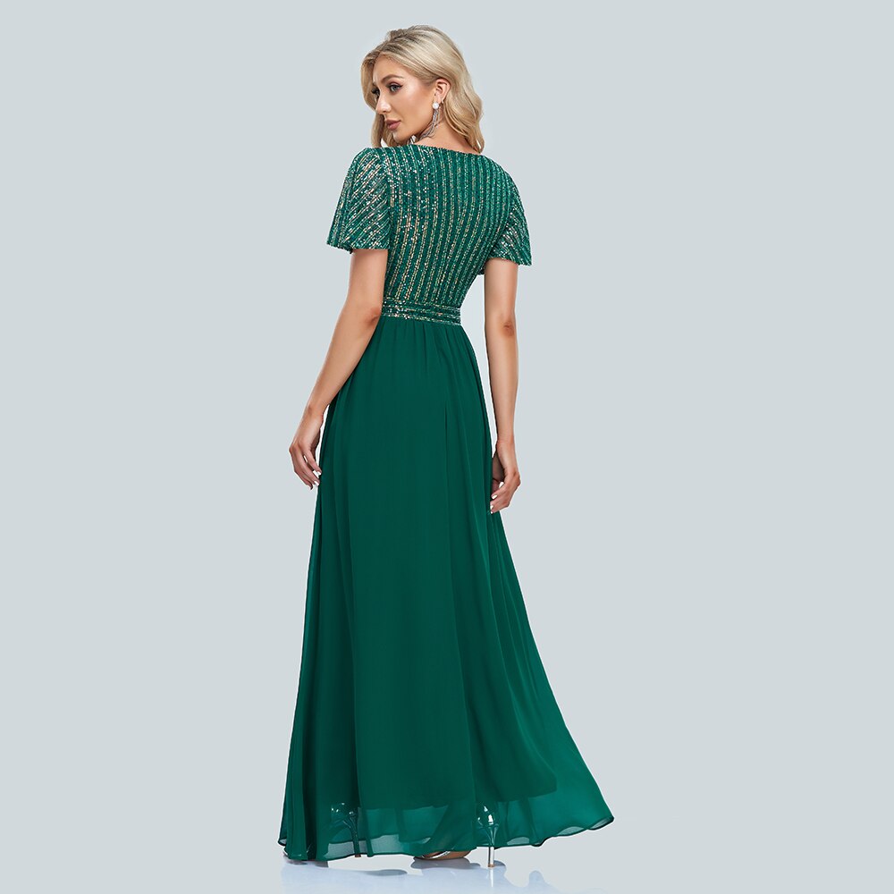 Green V-Neck Sequins Chiffon Formal Gown R761570