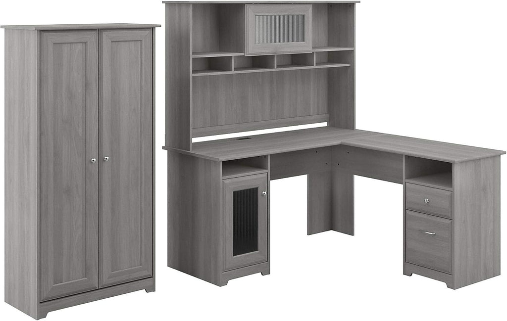 L Shape Desk with Hutch and 2 Door Tall Storage, Gray P408340
