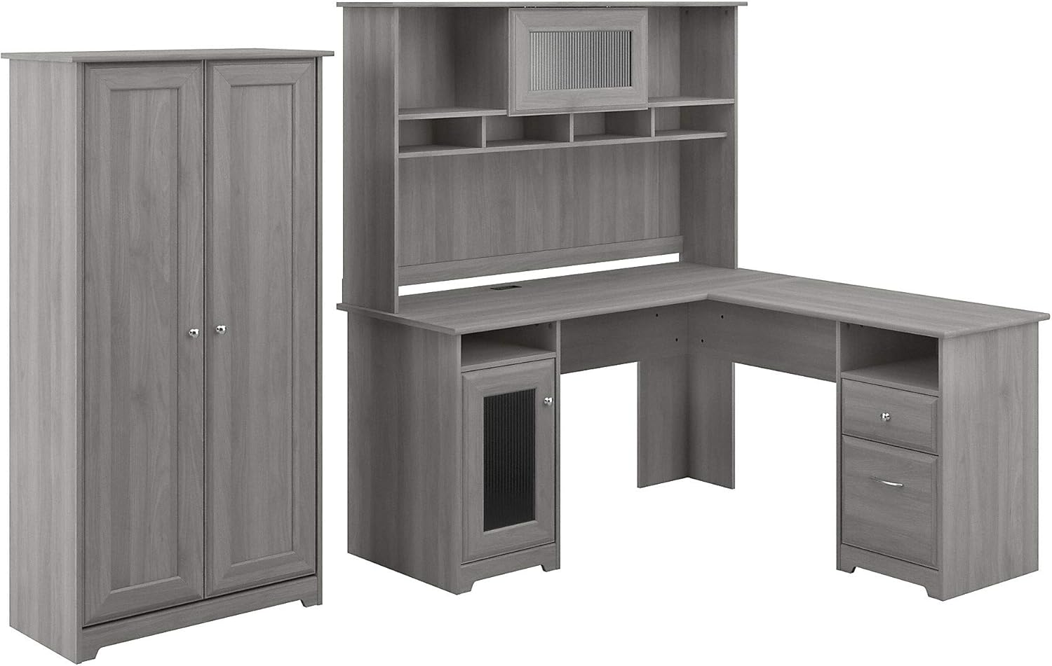 L Shape Desk with Hutch and 2 Door Tall Storage, Gray P408340