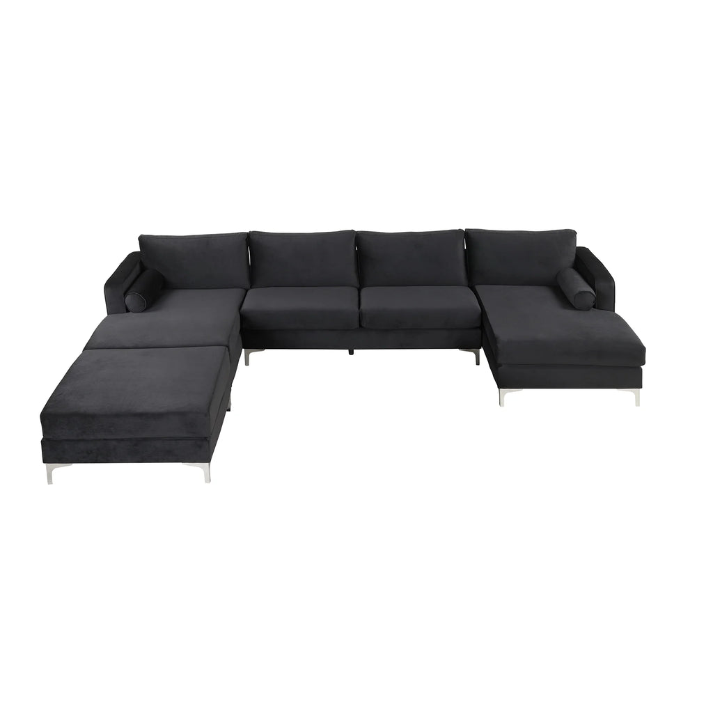 Black Velvet U-Shape Sectional Sofa with Ottoman P41436