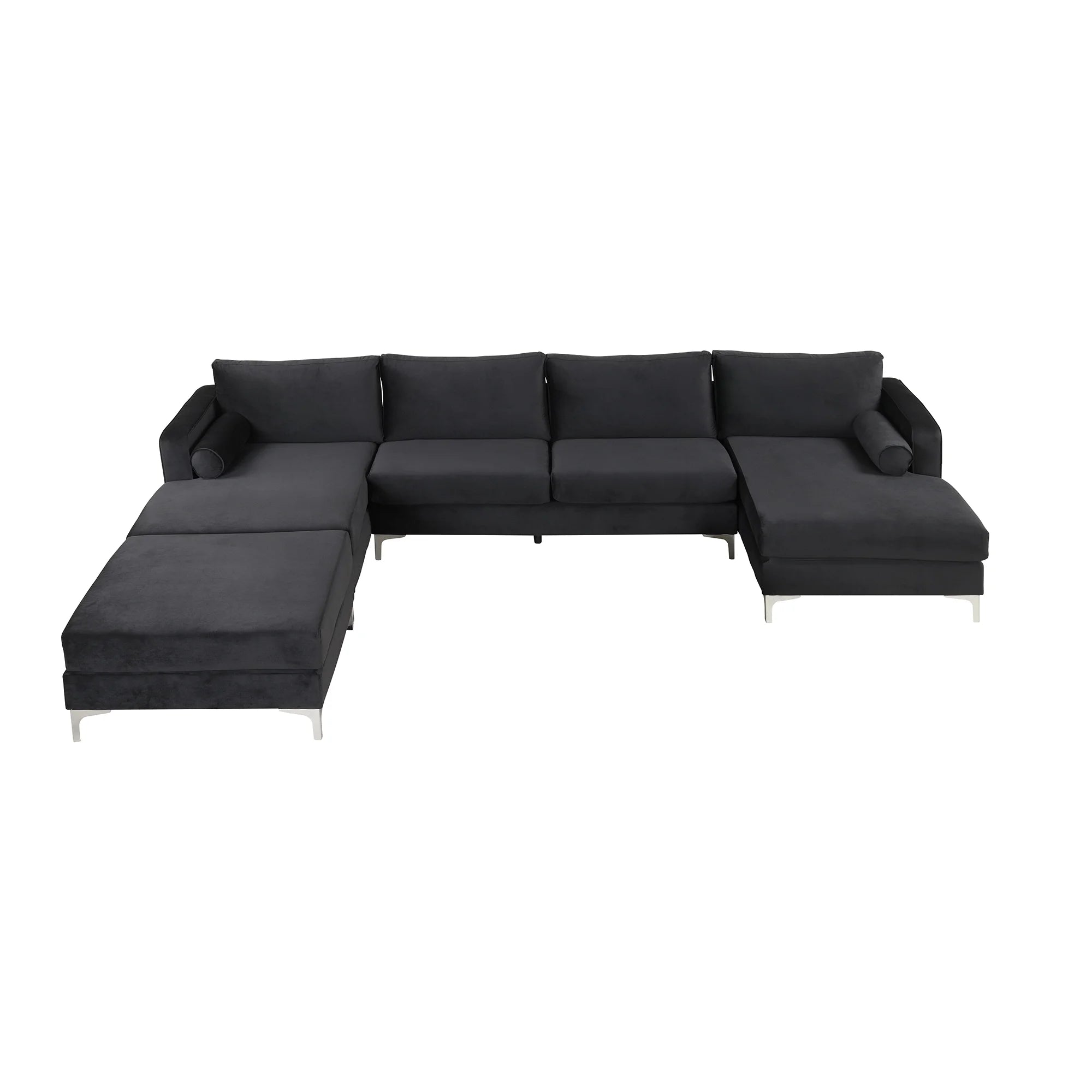 Black Velvet U-Shape Sectional Sofa with Ottoman P41436