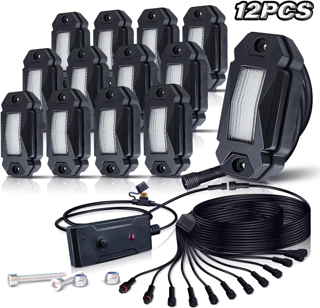 White LED Rock Lights Kit 12 Pods with Switch 21ft Wiring Harness X6315
