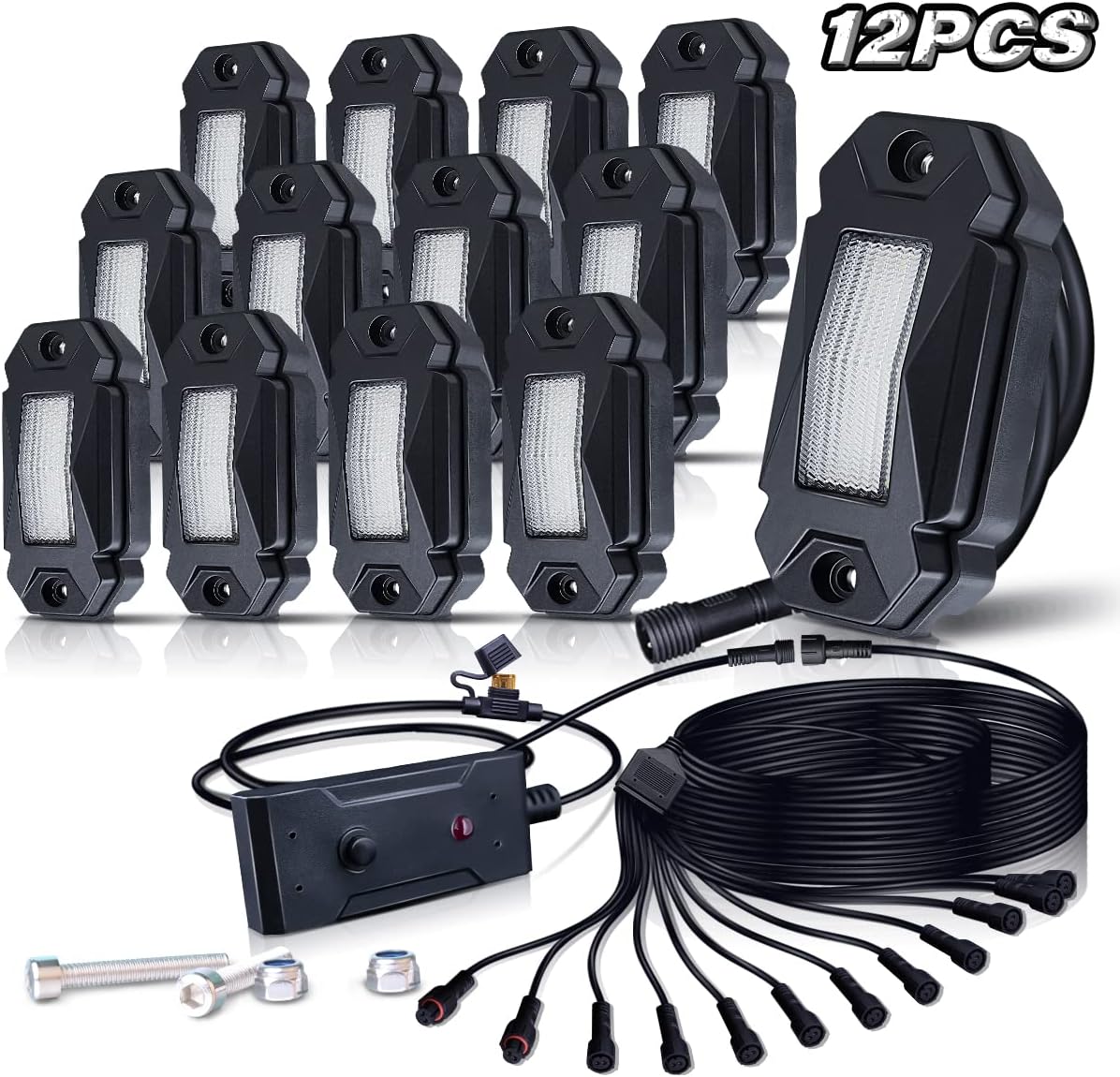 White LED Rock Lights Kit 12 Pods with Switch 21ft Wiring Harness X6315