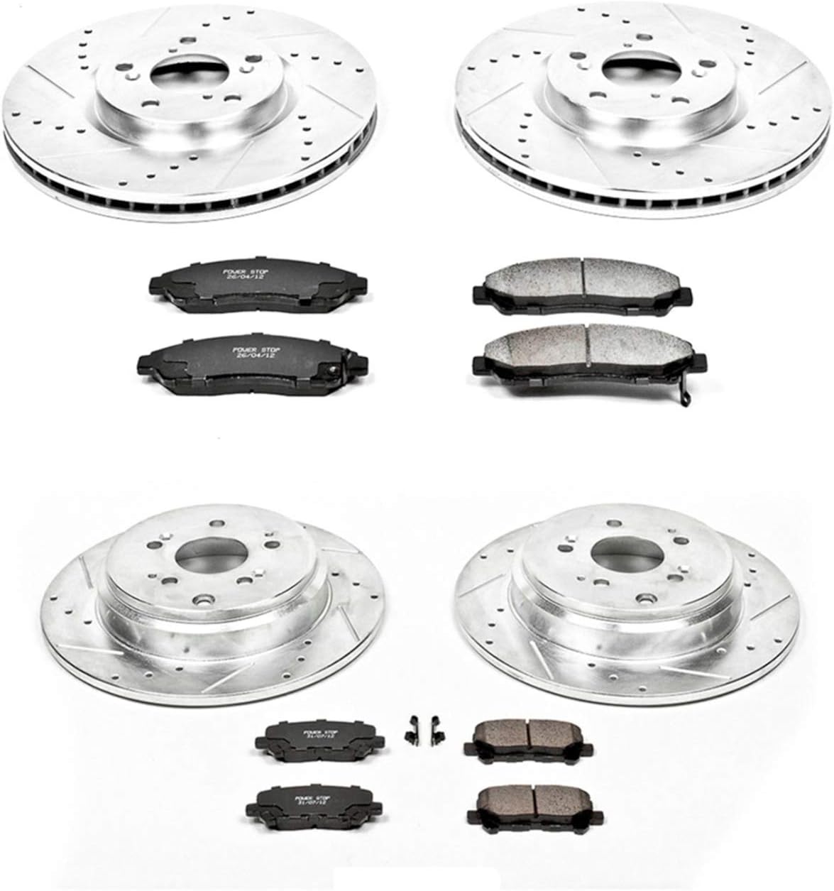 Front and Rear Carbon Fiber Brake Pads with Drilled & Slotted Brake Rotors Kit O61298